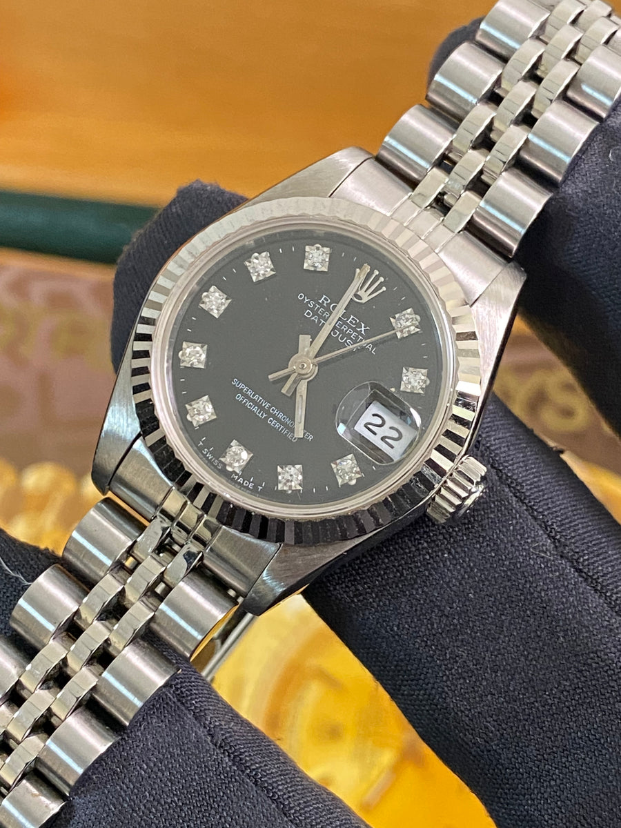 Rolex Steel Lady-Datejust - N serial- Fluted Bezel - Black Diamond Dial - Jubilee Bracelet - 69174