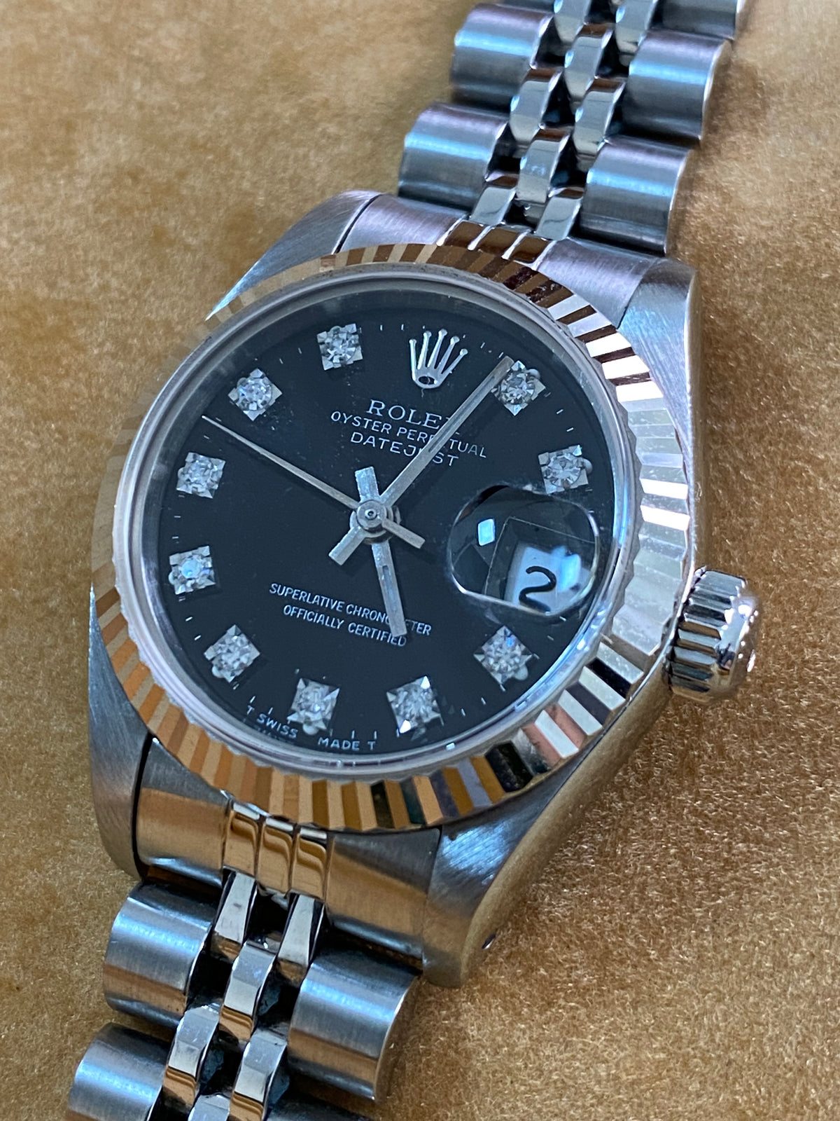 Rolex Steel Lady-Datejust - N serial- Fluted Bezel - Black Diamond Dial - Jubilee Bracelet - 69174