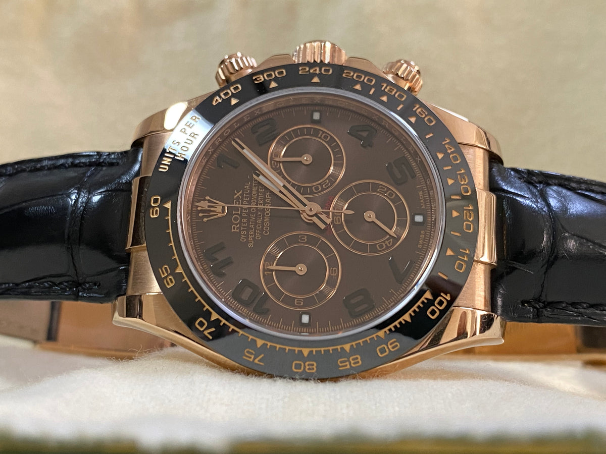 Rolex Everose Gold Cosmograph Daytona - G serial - Chocolate Arabic Dial - Black Leather Strap - 116515LN *COMPLETE SET*