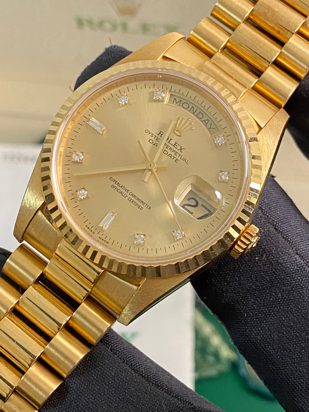 Rolex Yellow Gold Day-Date 36 - T serial - Fluted Bezel - Champagne Diamond Dial - President Bracelet - 18238 *UNPOLISHED*