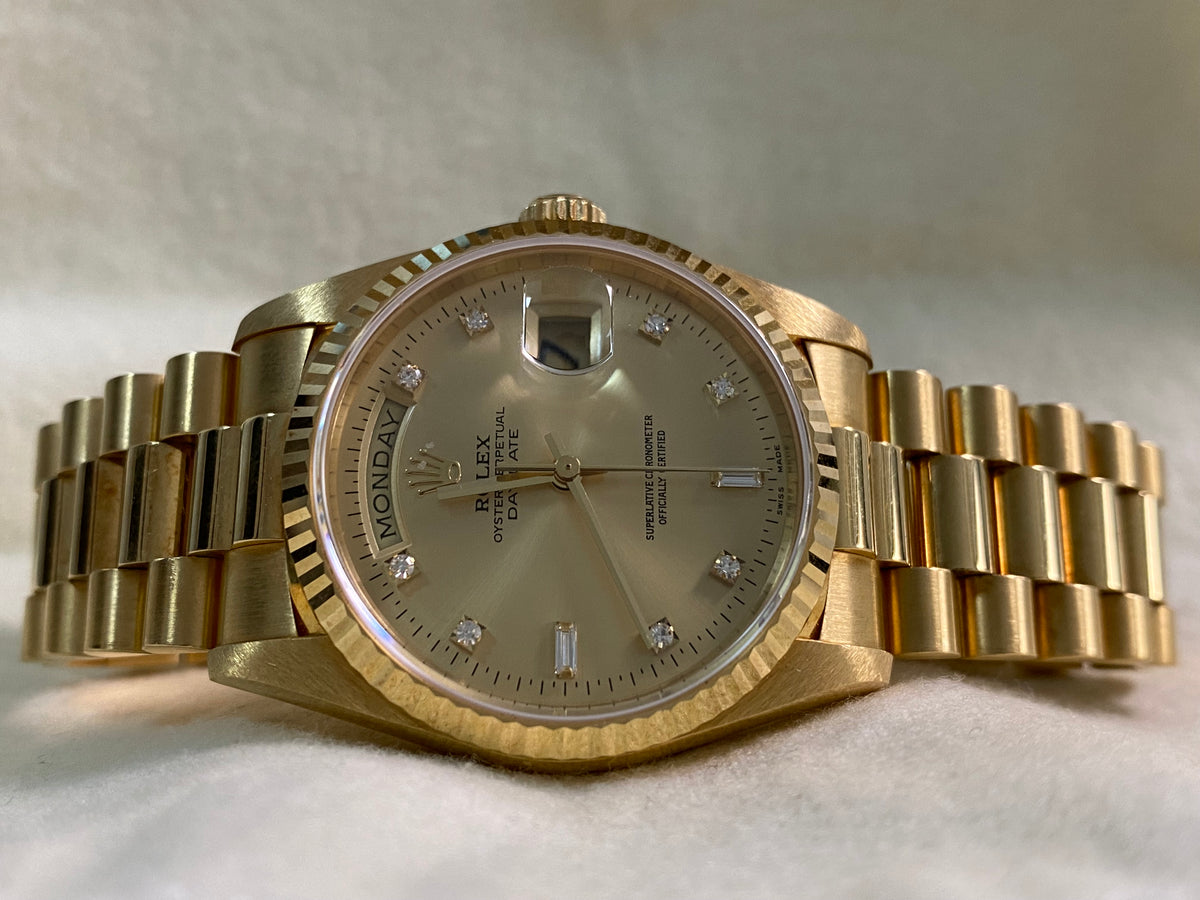 Rolex Yellow Gold Day-Date 36 - T serial - Fluted Bezel - Champagne Diamond Dial - President Bracelet - 18238 *UNPOLISHED*