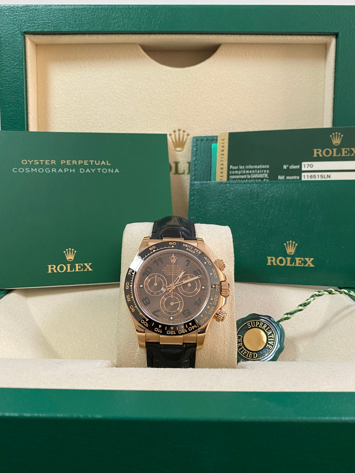 Rolex Everose Gold Cosmograph Daytona - G serial - Chocolate Arabic Dial - Black Leather Strap - 116515LN *COMPLETE SET*