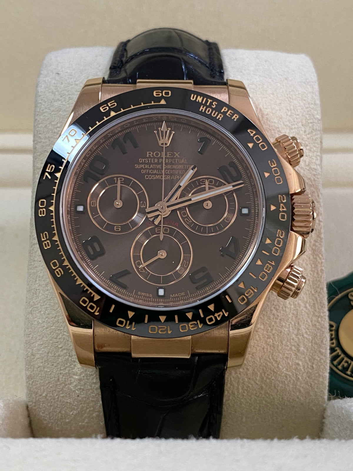 Rolex Everose Gold Cosmograph Daytona - G serial - Chocolate Arabic Dial - Black Leather Strap - 116515LN *COMPLETE SET*