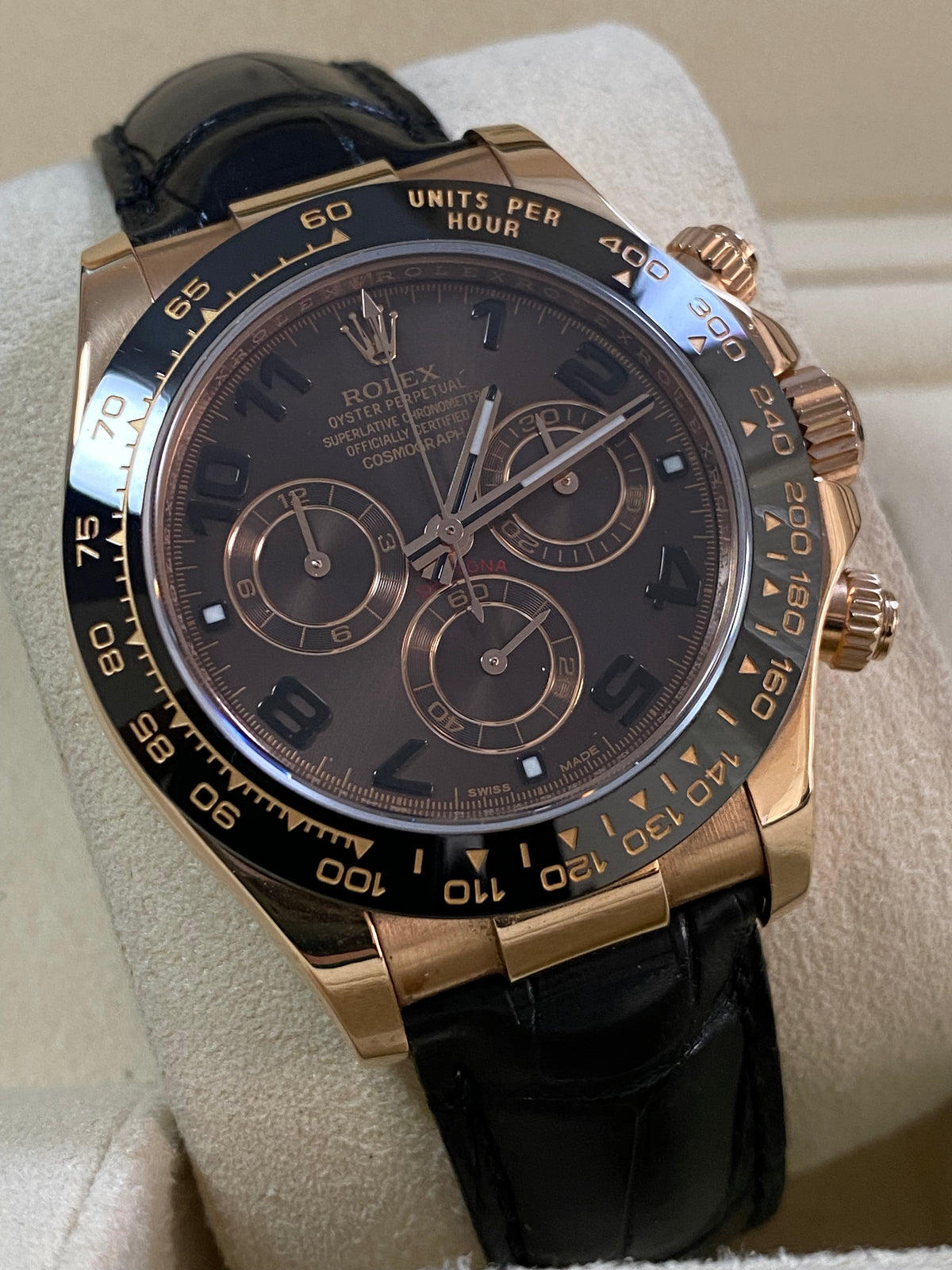 Rolex Everose Gold Cosmograph Daytona - G serial - Chocolate Arabic Dial - Black Leather Strap - 116515LN *COMPLETE SET*