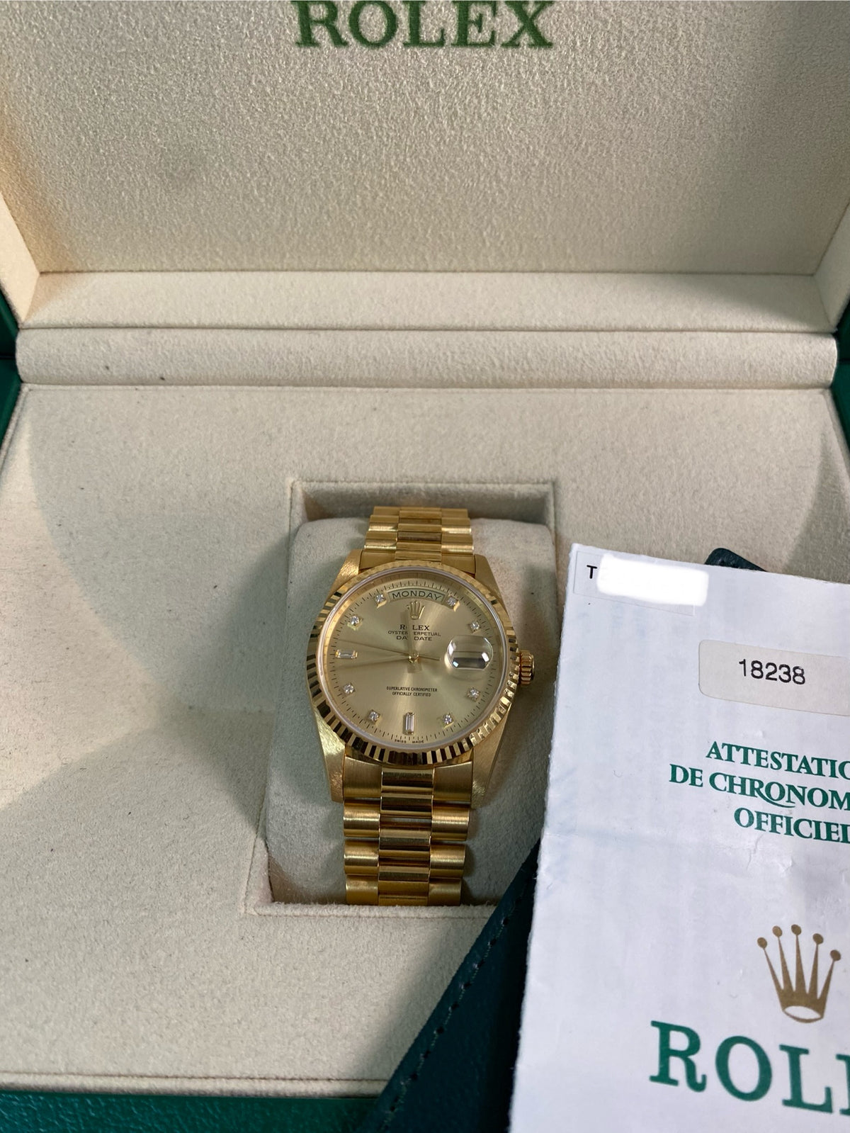 Rolex Yellow Gold Day-Date 36 - T serial - Fluted Bezel - Champagne Diamond Dial - President Bracelet - 18238 *UNPOLISHED*