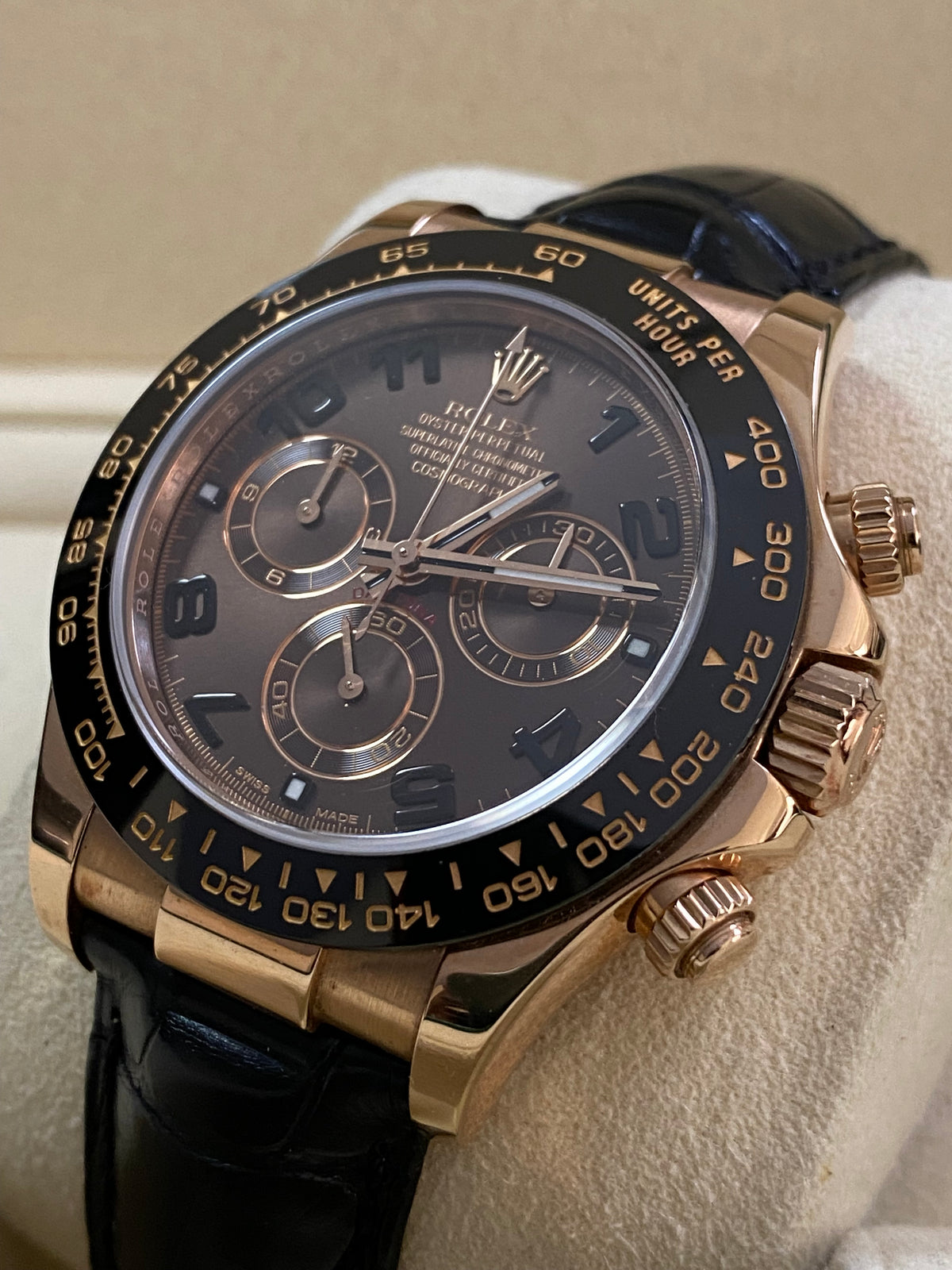 Rolex Everose Gold Cosmograph Daytona - G serial - Chocolate Arabic Dial - Black Leather Strap - 116515LN *COMPLETE SET*