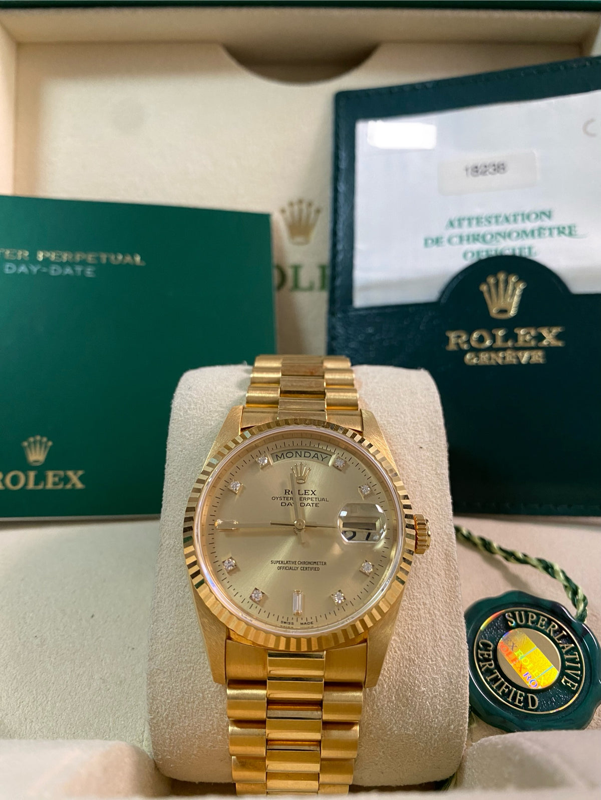 Rolex Yellow Gold Day-Date 36 - T serial - Fluted Bezel - Champagne Diamond Dial - President Bracelet - 18238 *UNPOLISHED*