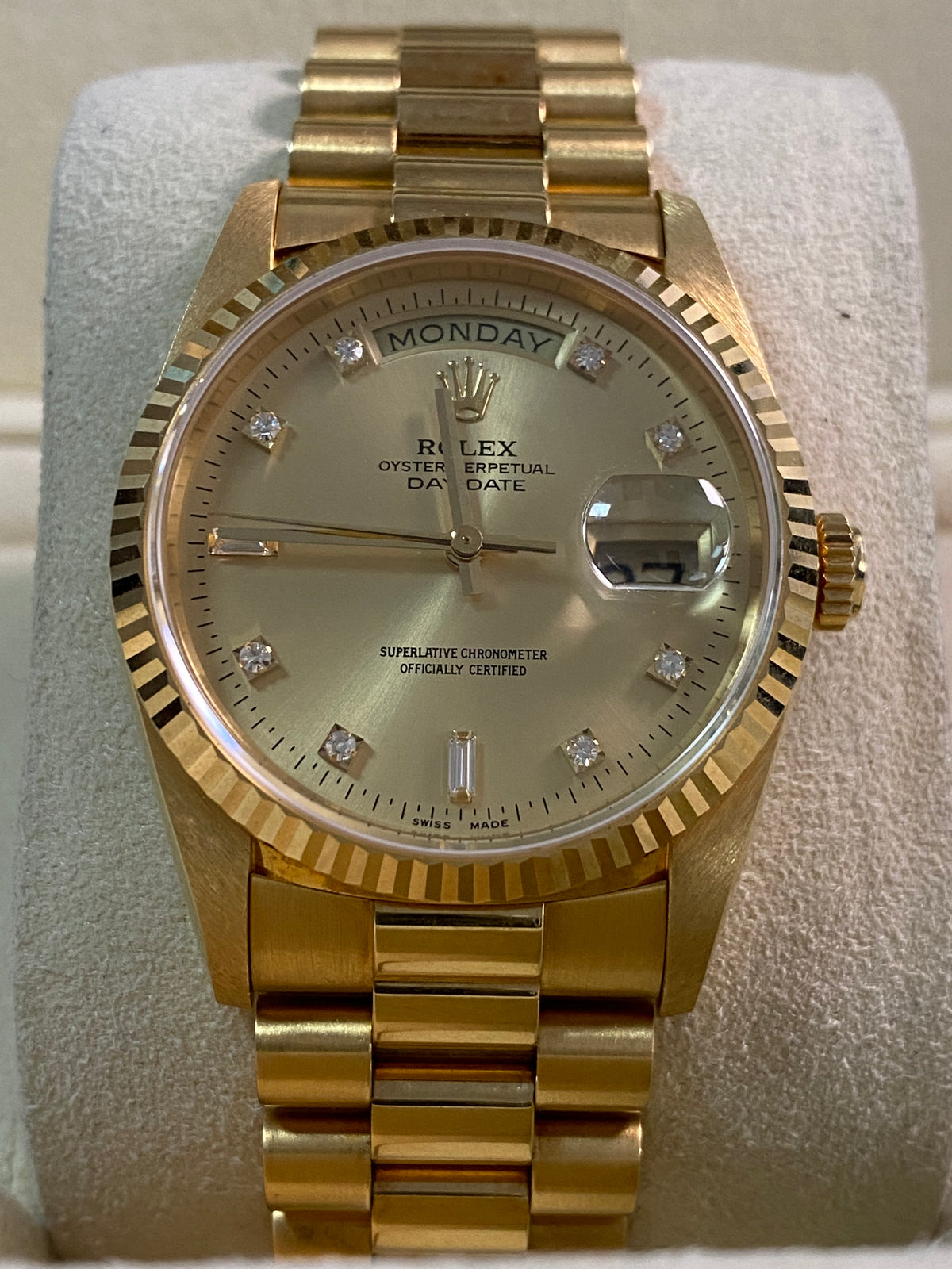 Rolex Yellow Gold Day-Date 36 - T serial - Fluted Bezel - Champagne Diamond Dial - President Bracelet - 18238 *UNPOLISHED*