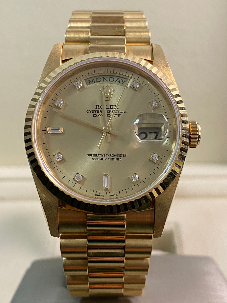 Rolex Yellow Gold Day-Date 36 - T serial - Fluted Bezel - Champagne Diamond Dial - President Bracelet - 18238 *UNPOLISHED*