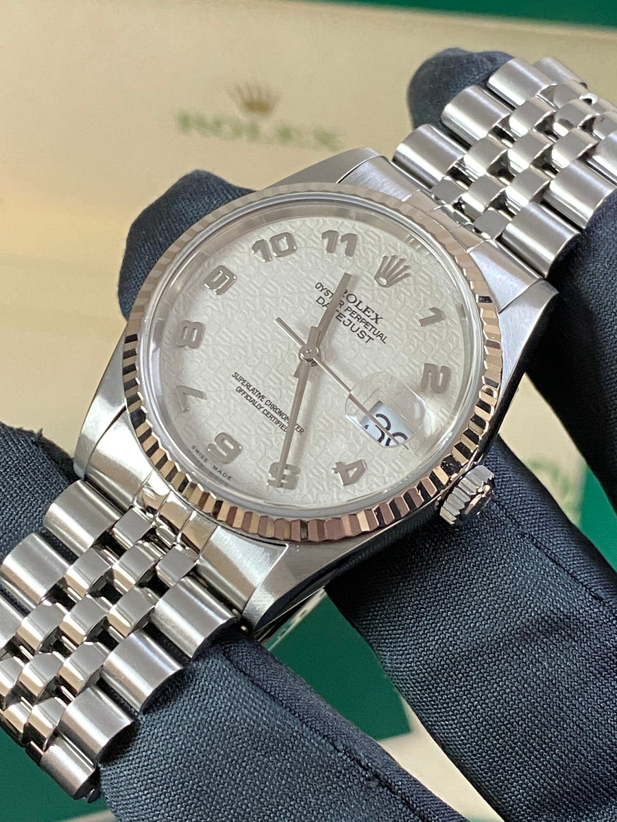 Rolex Steel Datejust 36 - P serial - Fluted Bezel - Silver with Embossed Rolex Arabic Dial - Jubilee Bracelet - 16234