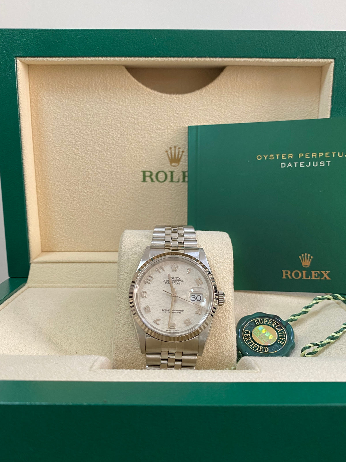 Rolex Steel Datejust 36 - P serial - Fluted Bezel - Silver with Embossed Rolex Arabic Dial - Jubilee Bracelet - 16234