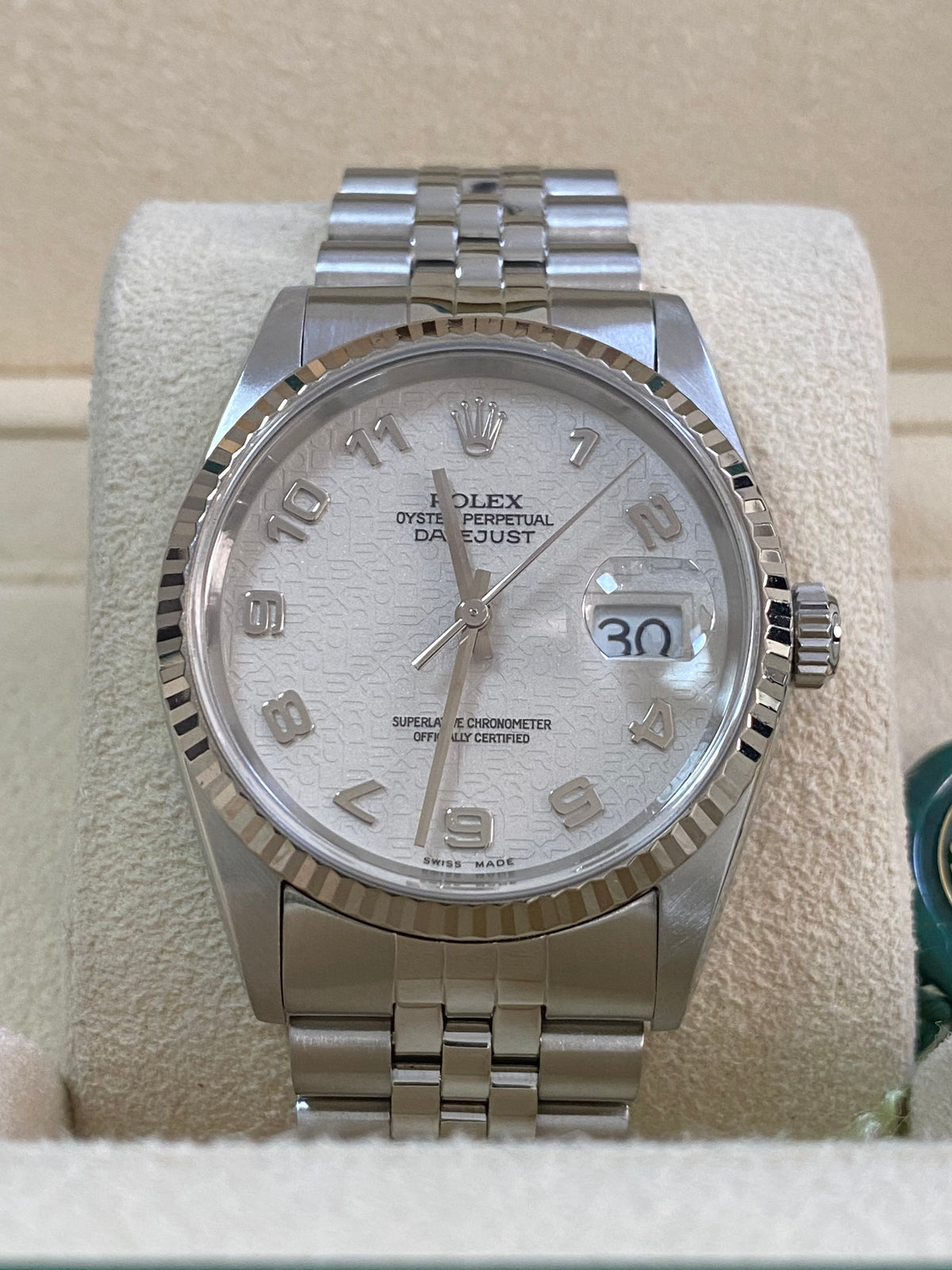 Rolex Steel Datejust 36 - P serial - Fluted Bezel - Silver with Embossed Rolex Arabic Dial - Jubilee Bracelet - 16234