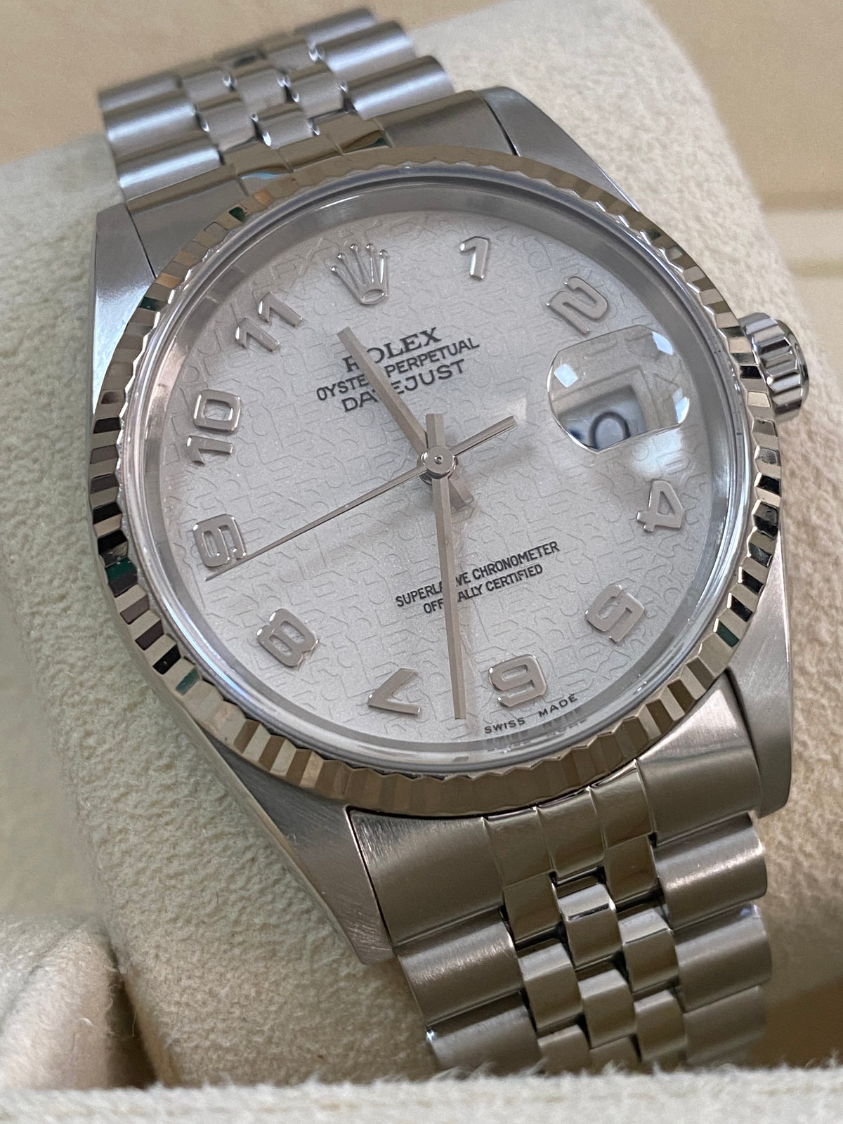 Rolex Steel Datejust 36 - P serial - Fluted Bezel - Silver with Embossed Rolex Arabic Dial - Jubilee Bracelet - 16234