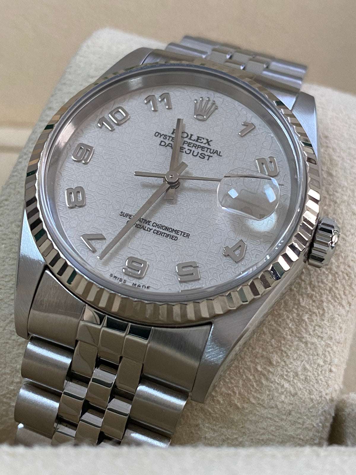 Rolex Steel Datejust 36 - P serial - Fluted Bezel - Silver with Embossed Rolex Arabic Dial - Jubilee Bracelet - 16234