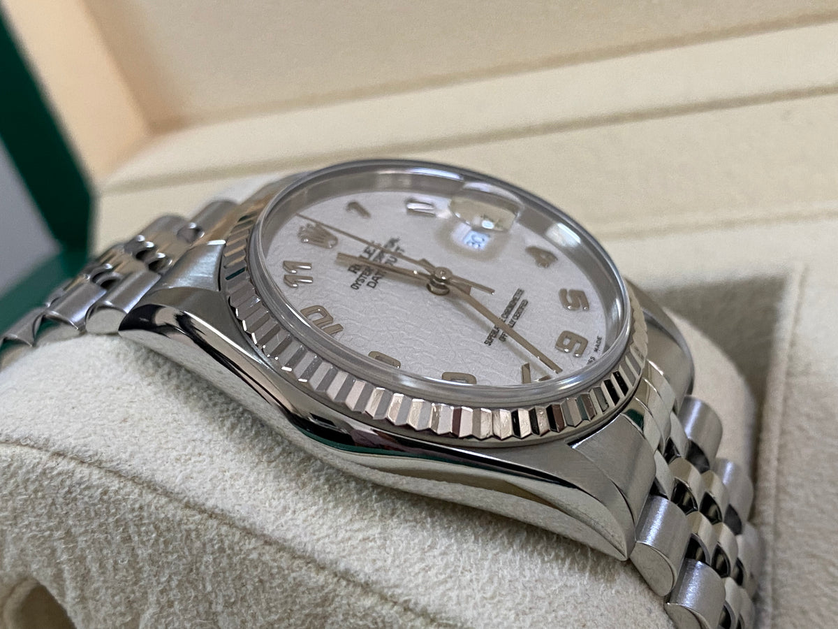 Rolex Steel Datejust 36 - P serial - Fluted Bezel - Silver with Embossed Rolex Arabic Dial - Jubilee Bracelet - 16234