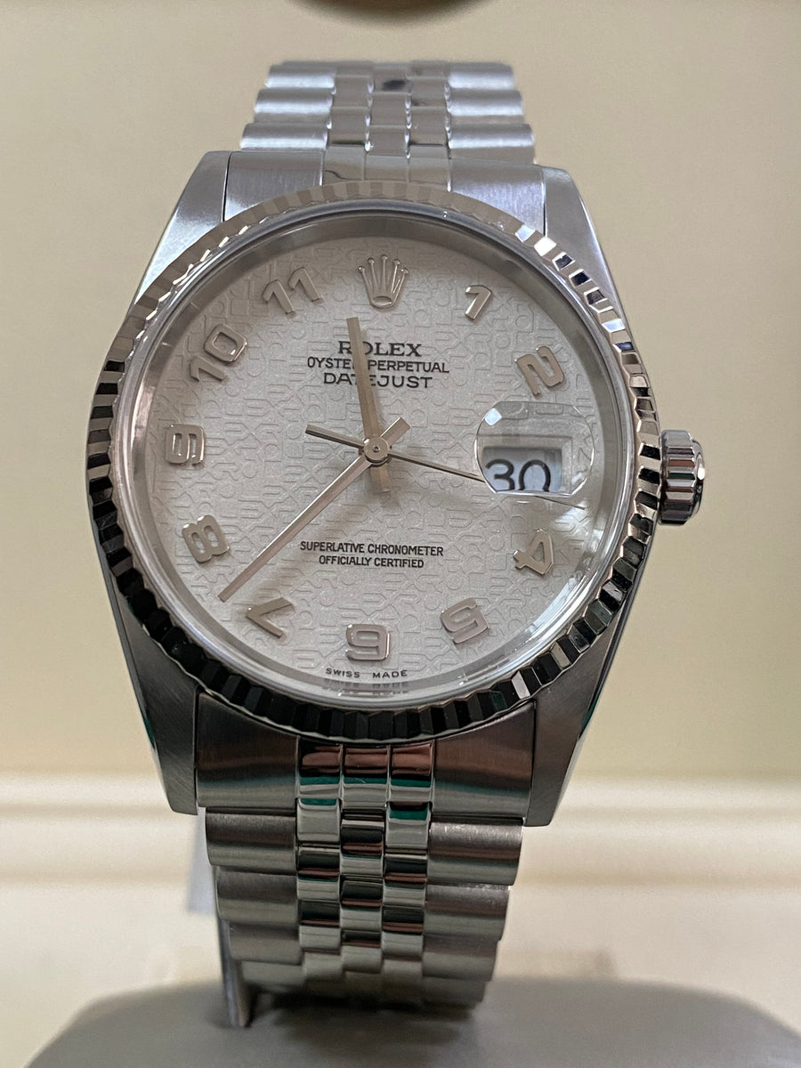 Rolex Steel Datejust 36 - P serial - Fluted Bezel - Silver with Embossed Rolex Arabic Dial - Jubilee Bracelet - 16234