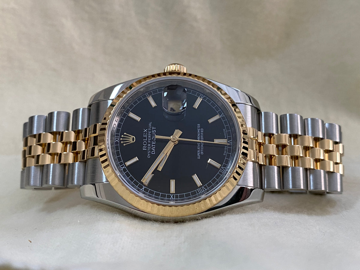 Rolex Steel and Yellow Gold Datejust 36 - G serial - Fluted Bezel - Black Index Dial - Jubilee Bracelet - 116233 *OPEN CARD*