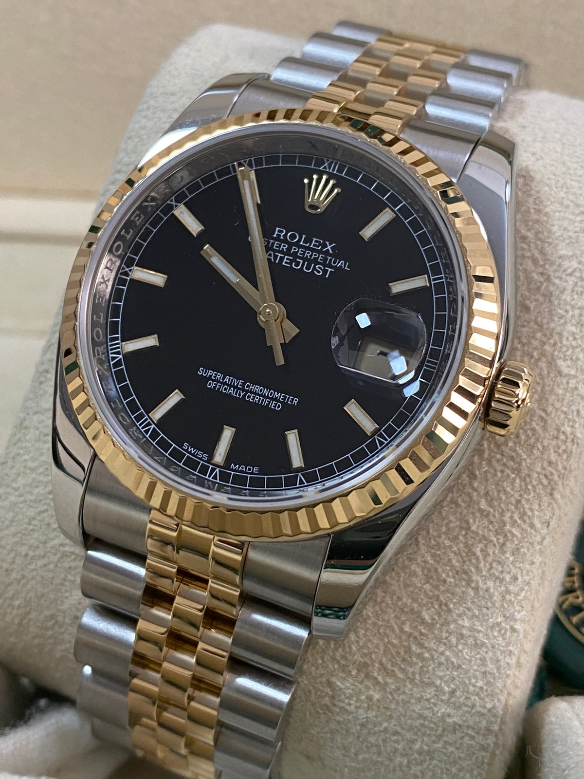 Rolex Steel and Yellow Gold Datejust 36 - G serial - Fluted Bezel - Black Index Dial - Jubilee Bracelet - 116233 *OPEN CARD*