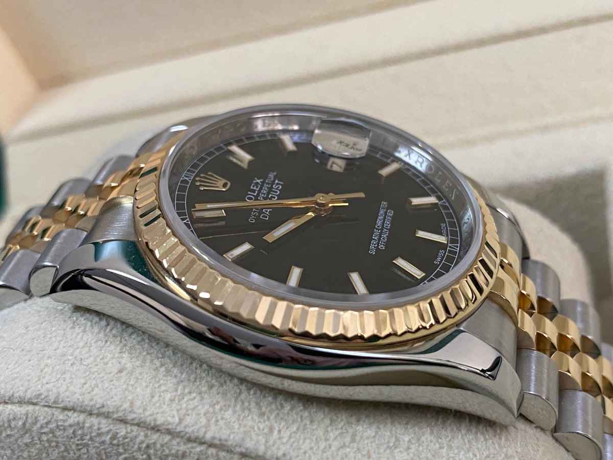 Rolex Steel and Yellow Gold Datejust 36 - G serial - Fluted Bezel - Black Index Dial - Jubilee Bracelet - 116233 *OPEN CARD*