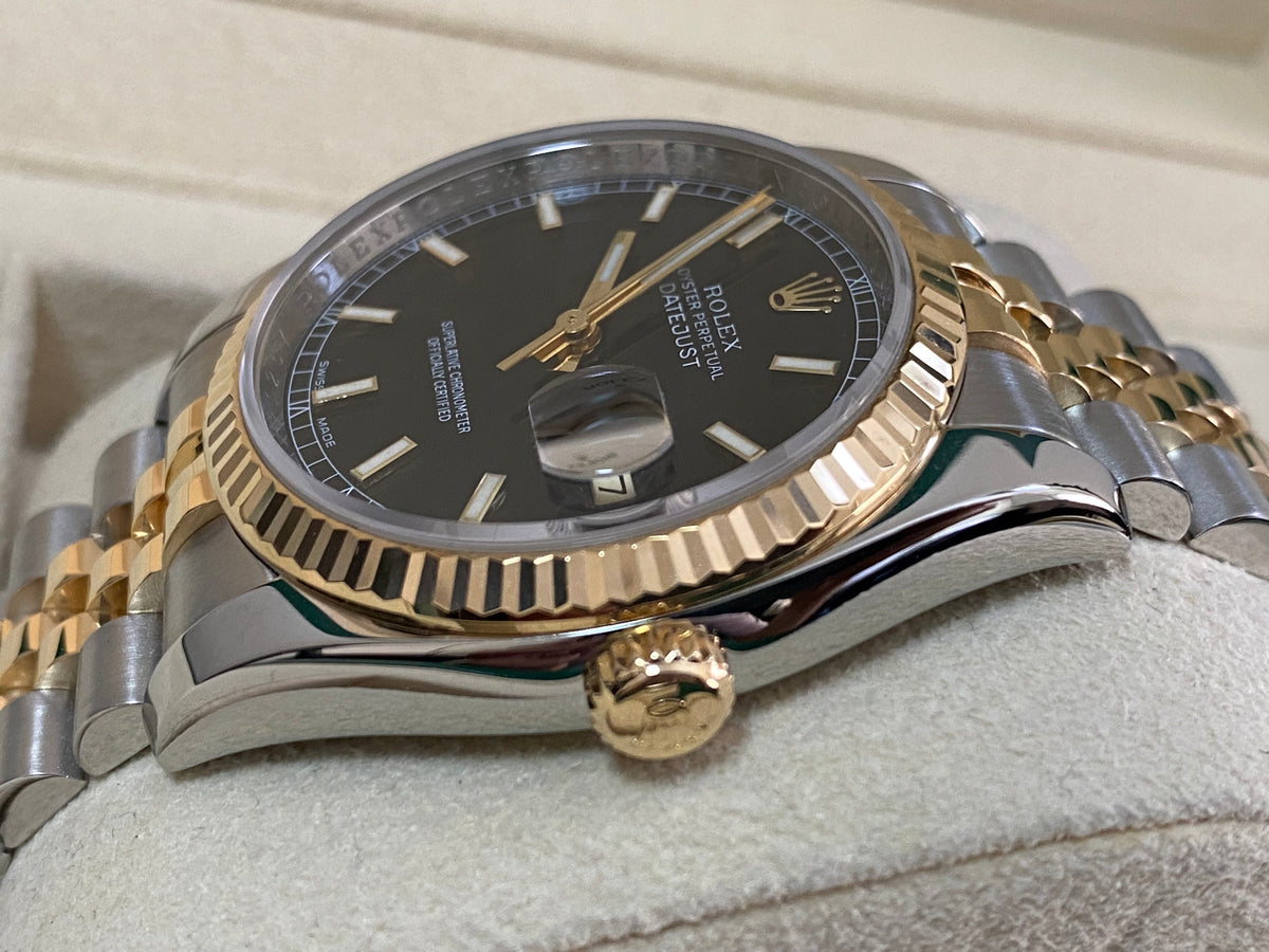 Rolex Steel and Yellow Gold Datejust 36 - G serial - Fluted Bezel - Black Index Dial - Jubilee Bracelet - 116233 *OPEN CARD*