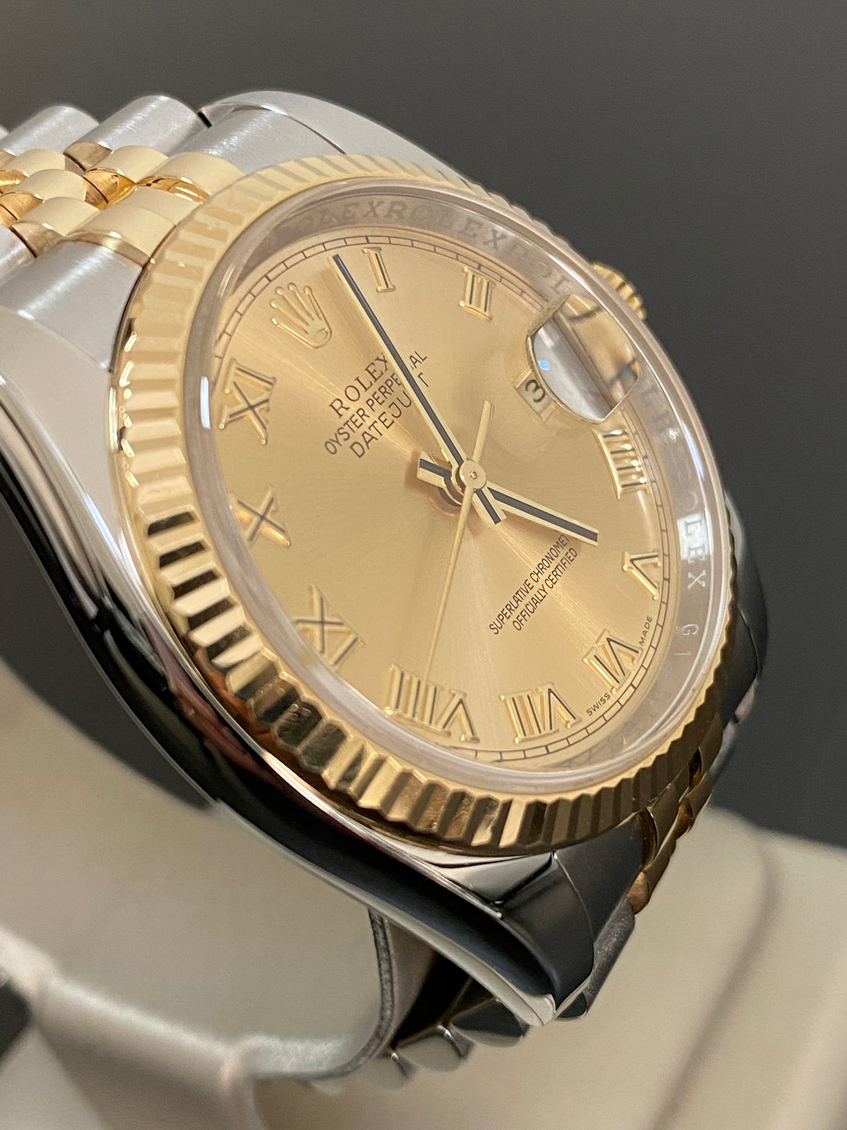 Rolex Steel and Yellow Gold Datejust 36 - G serial - Fluted Bezel - Champagne Roman Dial - Jubilee Bracelet - 116233 *OPEN CARD*