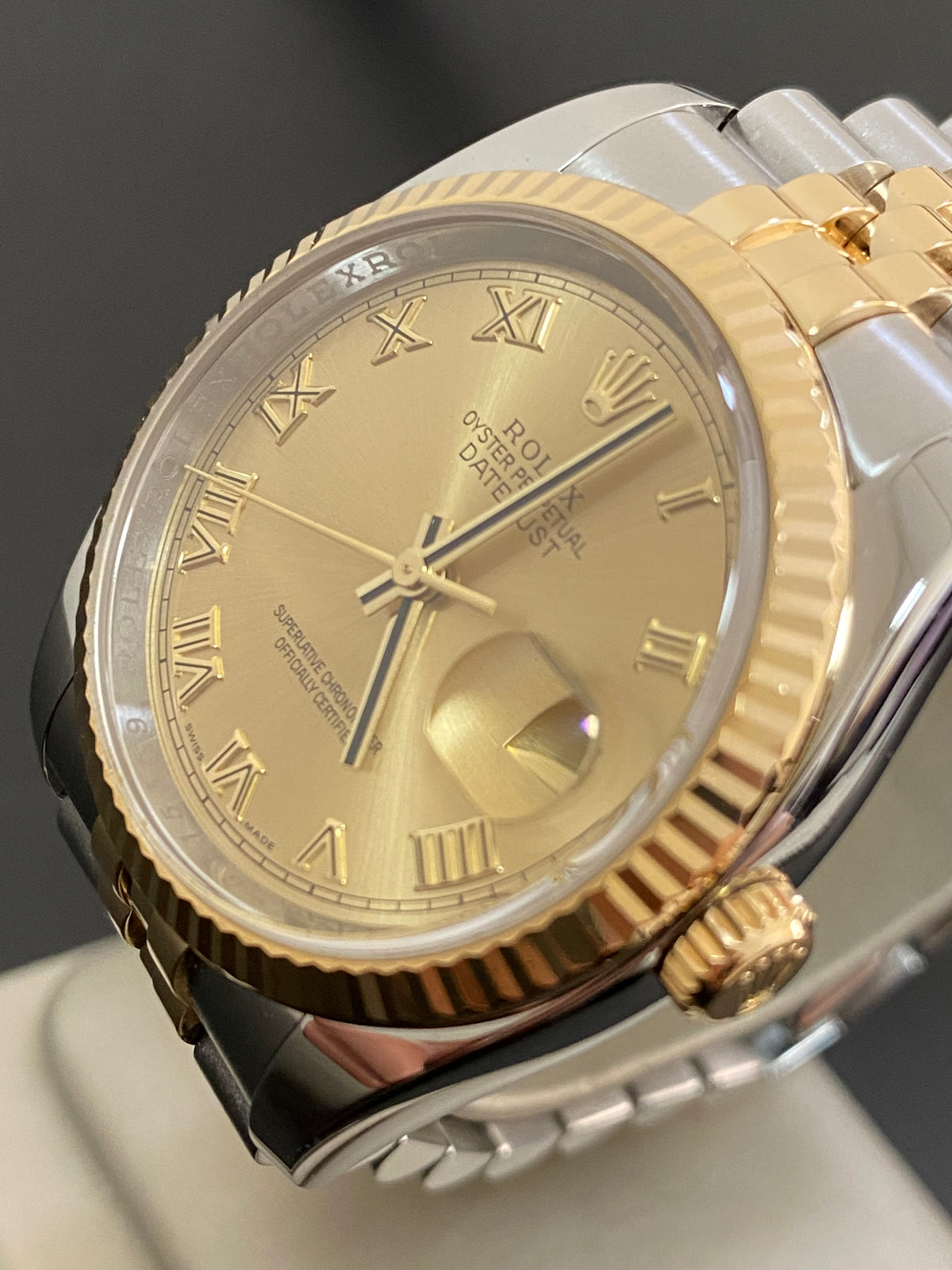 Rolex Steel and Yellow Gold Datejust 36 - G serial - Fluted Bezel - Champagne Roman Dial - Jubilee Bracelet - 116233 *OPEN CARD*