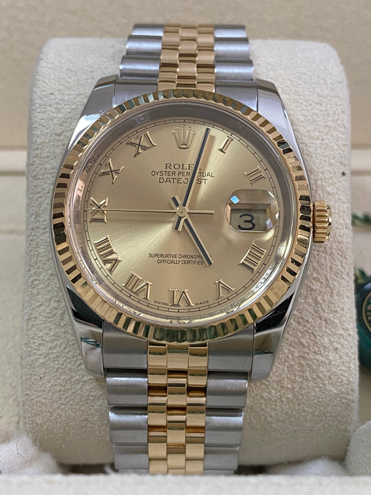 Rolex Steel and Yellow Gold Datejust 36 - G serial - Fluted Bezel - Champagne Roman Dial - Jubilee Bracelet - 116233 *OPEN CARD*