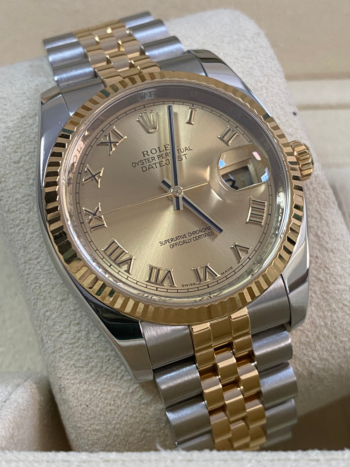 Rolex Steel and Yellow Gold Datejust 36 - G serial - Fluted Bezel - Champagne Roman Dial - Jubilee Bracelet - 116233 *OPEN CARD*