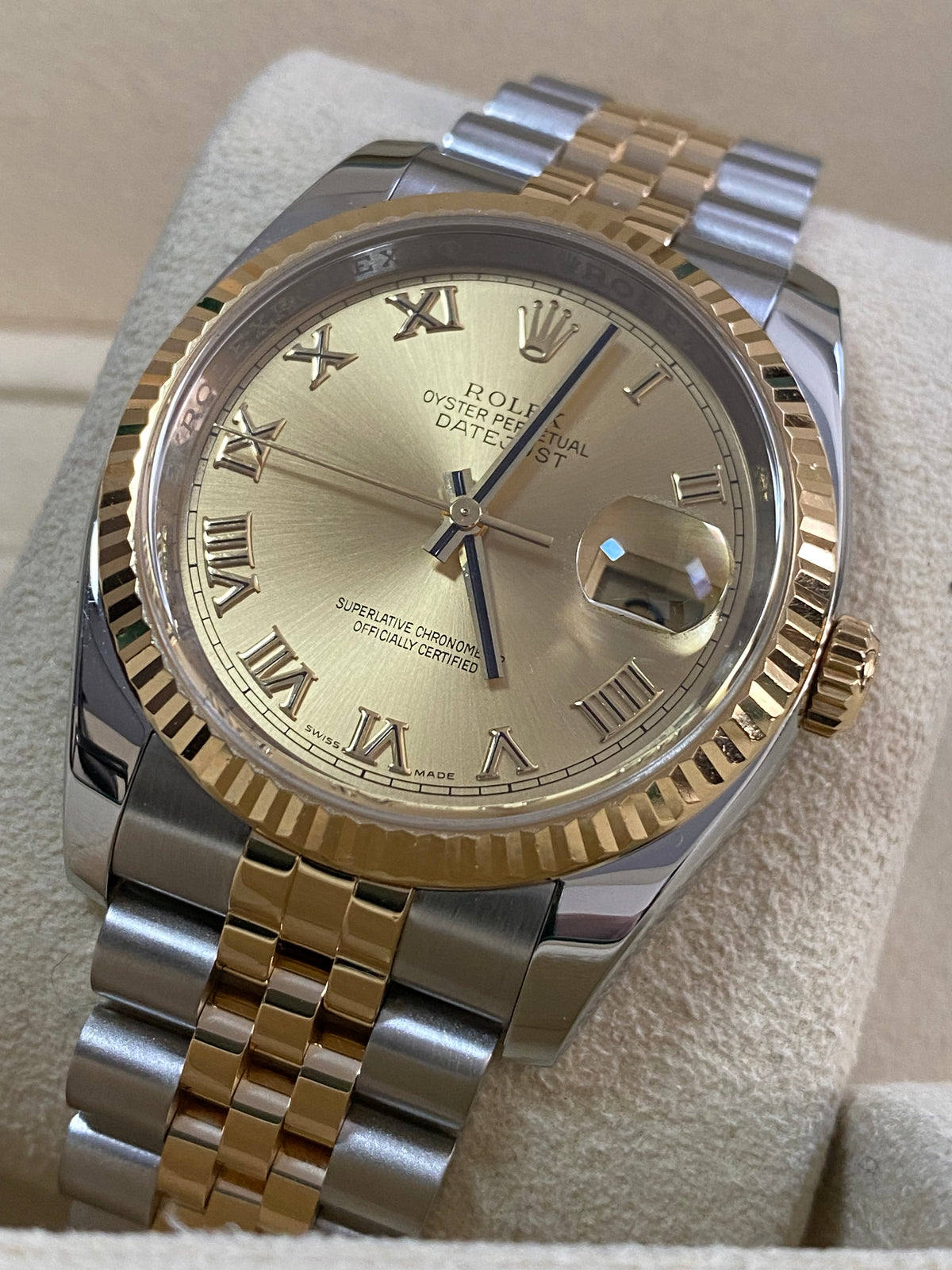 Rolex Steel and Yellow Gold Datejust 36 - G serial - Fluted Bezel - Champagne Roman Dial - Jubilee Bracelet - 116233 *OPEN CARD*