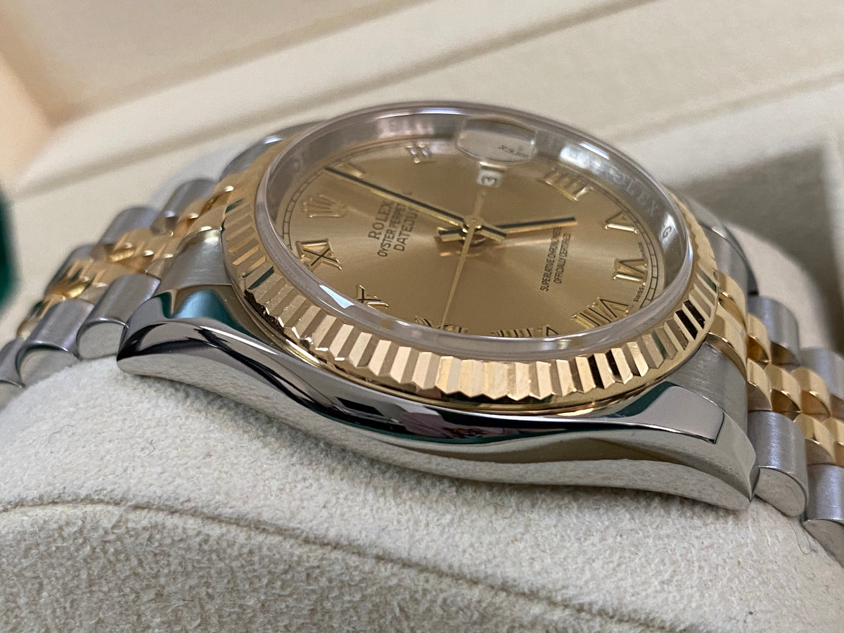 Rolex Steel and Yellow Gold Datejust 36 - G serial - Fluted Bezel - Champagne Roman Dial - Jubilee Bracelet - 116233 *OPEN CARD*