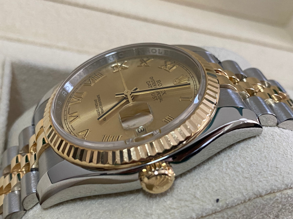 Rolex Steel and Yellow Gold Datejust 36 - G serial - Fluted Bezel - Champagne Roman Dial - Jubilee Bracelet - 116233 *OPEN CARD*