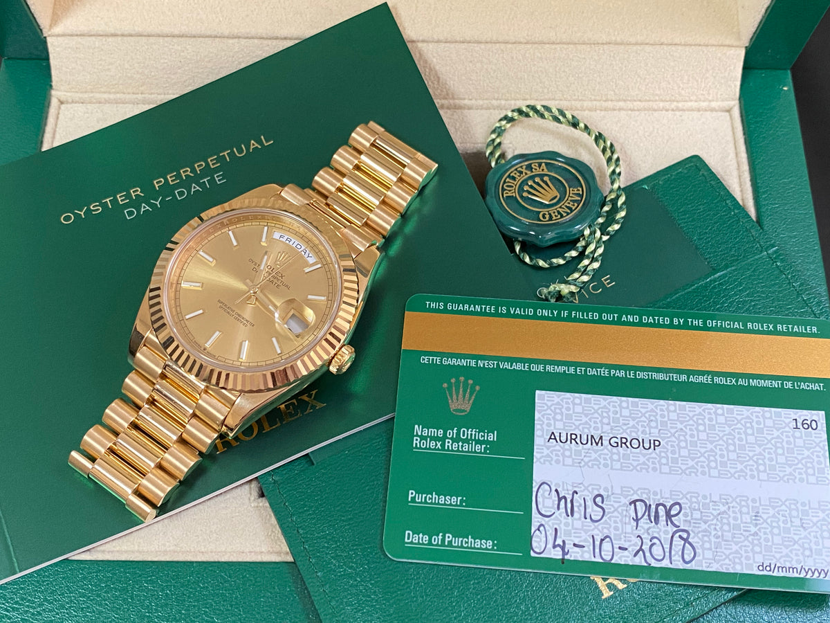 Rolex Yellow Gold Day-Date 40 - 2018 - Fluted Bezel - Champagne Index Dial - President Bracelet - 228238 *COMPLETE SET*