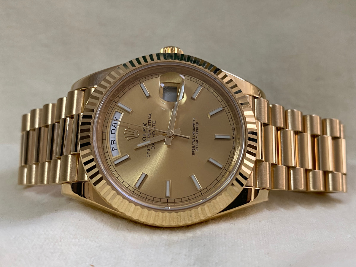 Rolex Yellow Gold Day-Date 40 - 2018 - Fluted Bezel - Champagne Index Dial - President Bracelet - 228238 *COMPLETE SET*