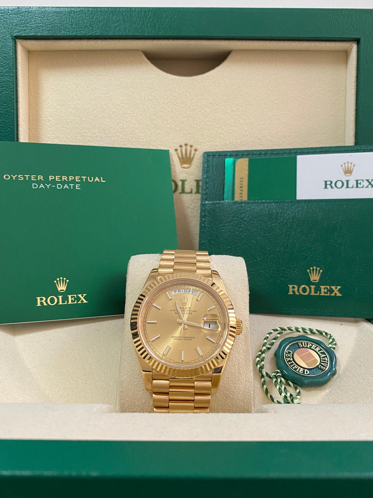 Rolex Yellow Gold Day-Date 40 - 2018 - Fluted Bezel - Champagne Index Dial - President Bracelet - 228238 *COMPLETE SET*