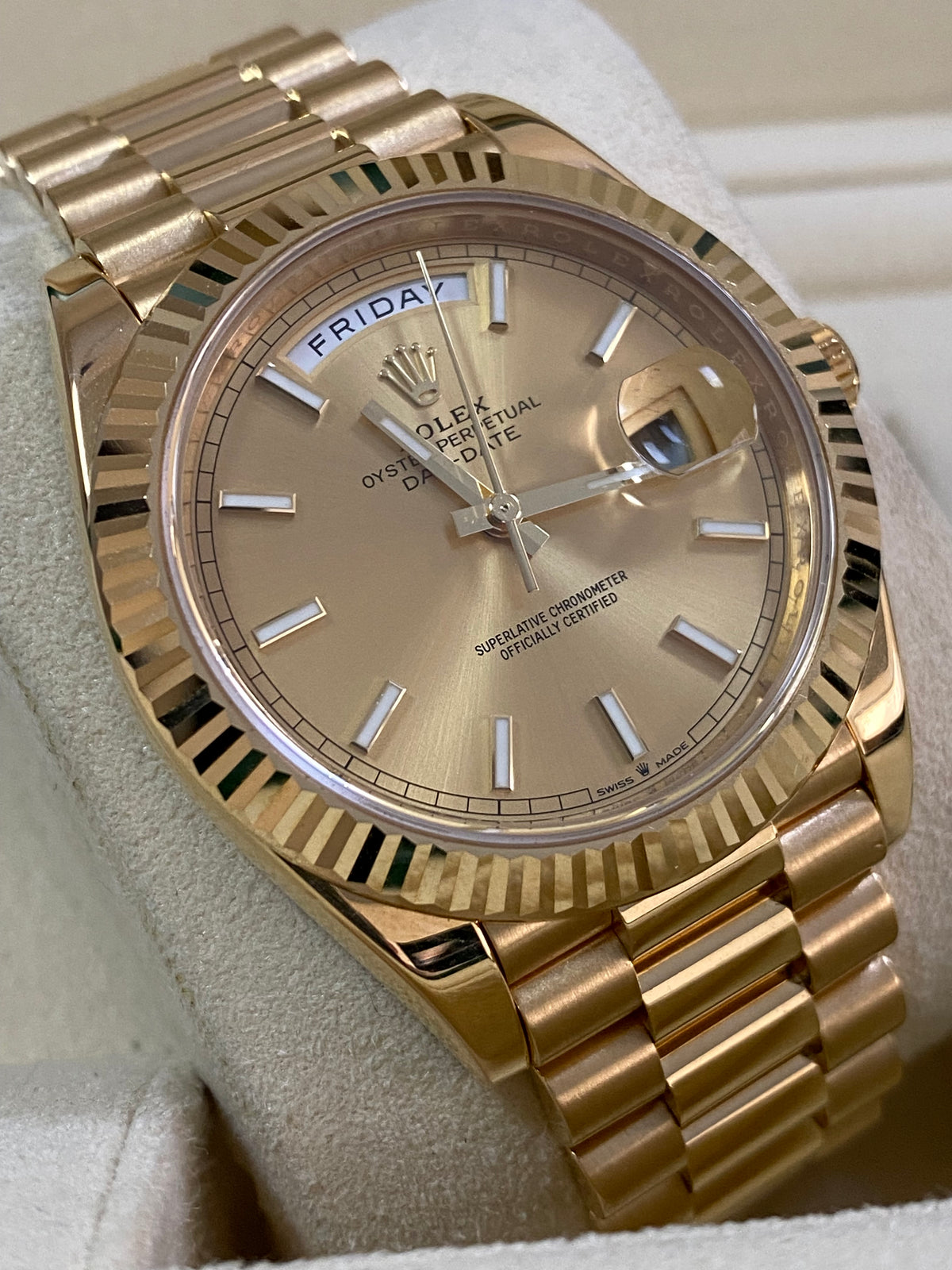 Rolex Yellow Gold Day-Date 40 - 2018 - Fluted Bezel - Champagne Index Dial - President Bracelet - 228238 *COMPLETE SET*