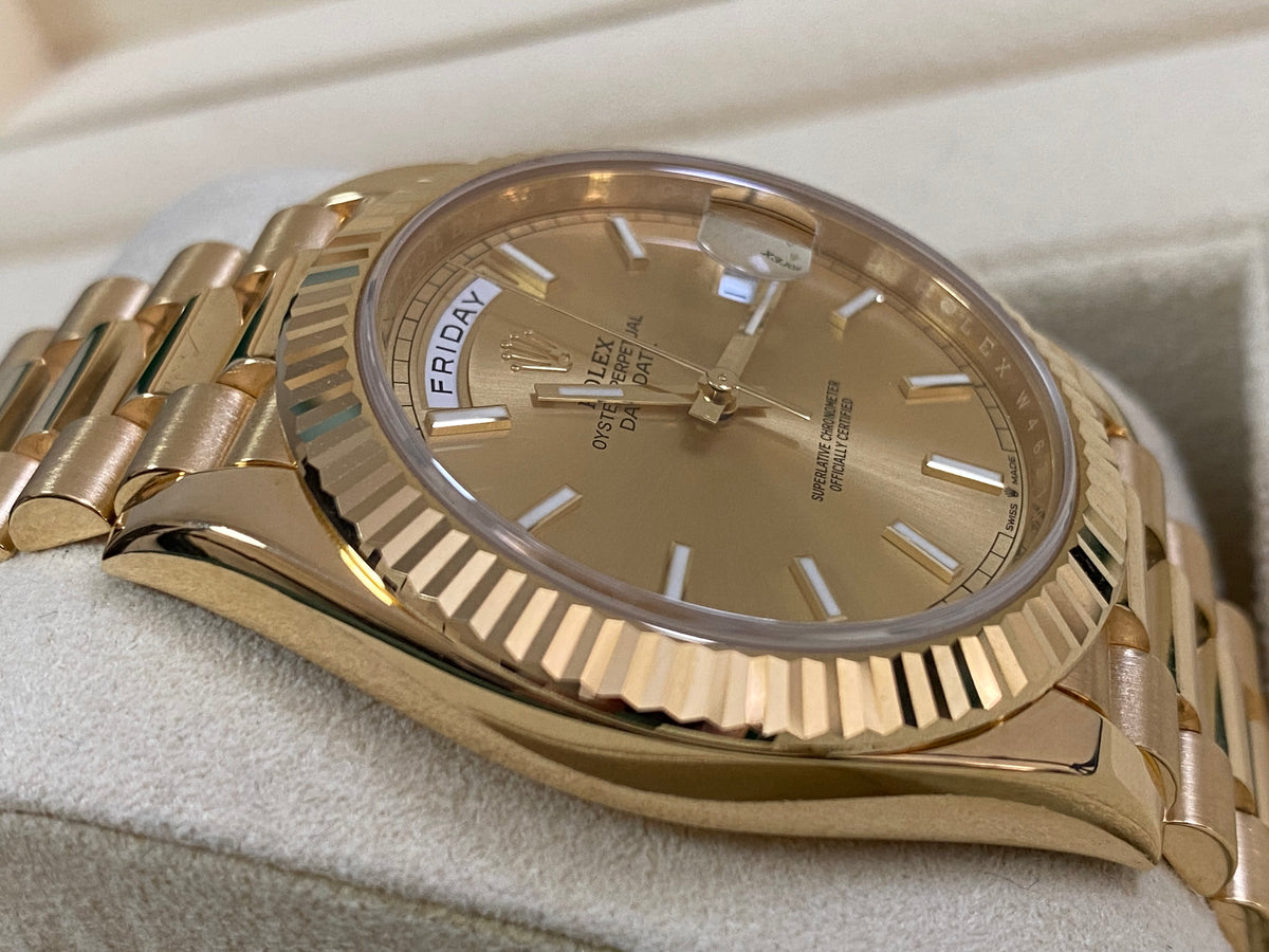 Rolex Yellow Gold Day-Date 40 - 2018 - Fluted Bezel - Champagne Index Dial - President Bracelet - 228238 *COMPLETE SET*