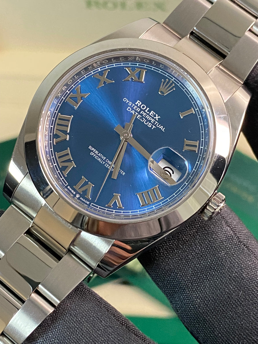 Rolex Steel Datejust 41 - 2021 - Smooth Bezel -Blue Roman Dial - Oyster Bracelet - 126300 *FULL SET*