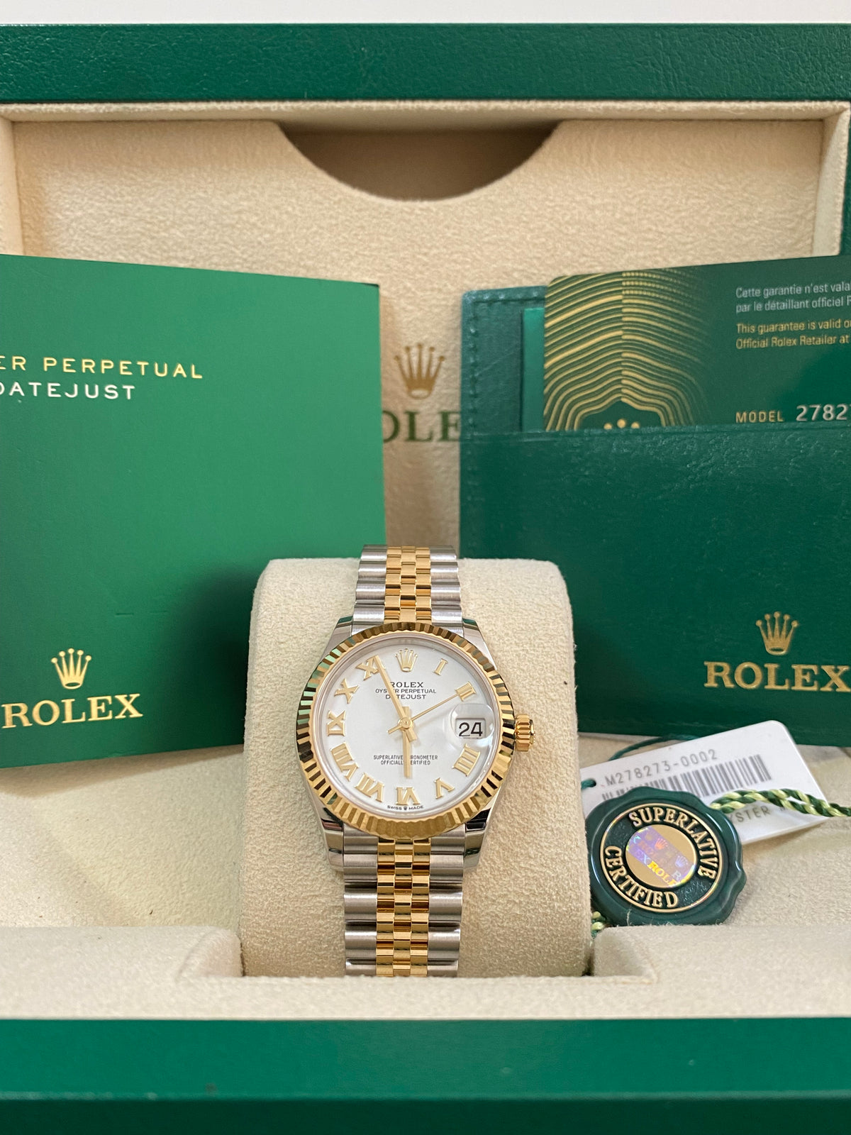 Rolex Steel and Yellow Gold Datejust 31 - 2024 - Fluted Bezel - White Roman Dial - Jubilee Bracelet - 278273 *FULL SET*