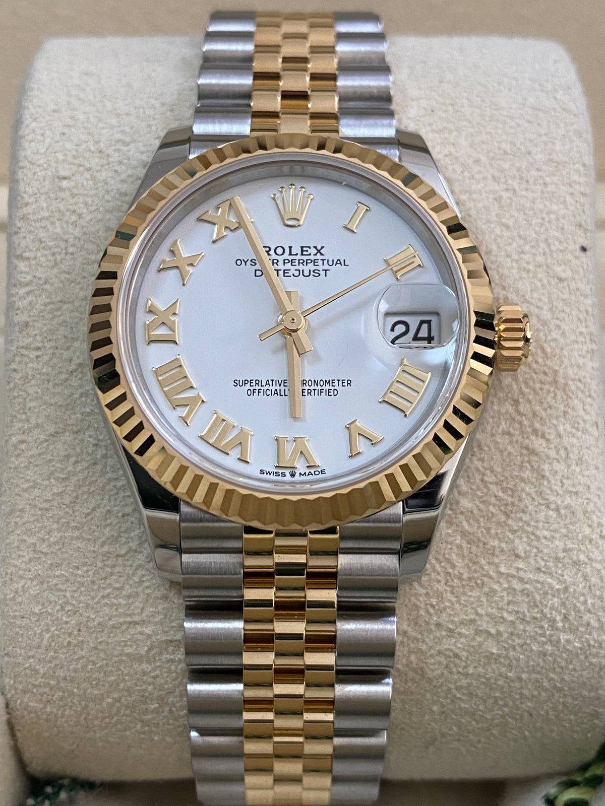 Rolex Steel and Yellow Gold Datejust 31 - 2024 - Fluted Bezel - White Roman Dial - Jubilee Bracelet - 278273 *FULL SET*