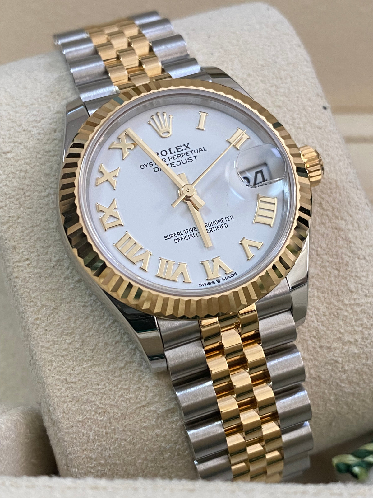 Rolex Steel and Yellow Gold Datejust 31 - 2024 - Fluted Bezel - White Roman Dial - Jubilee Bracelet - 278273 *FULL SET*