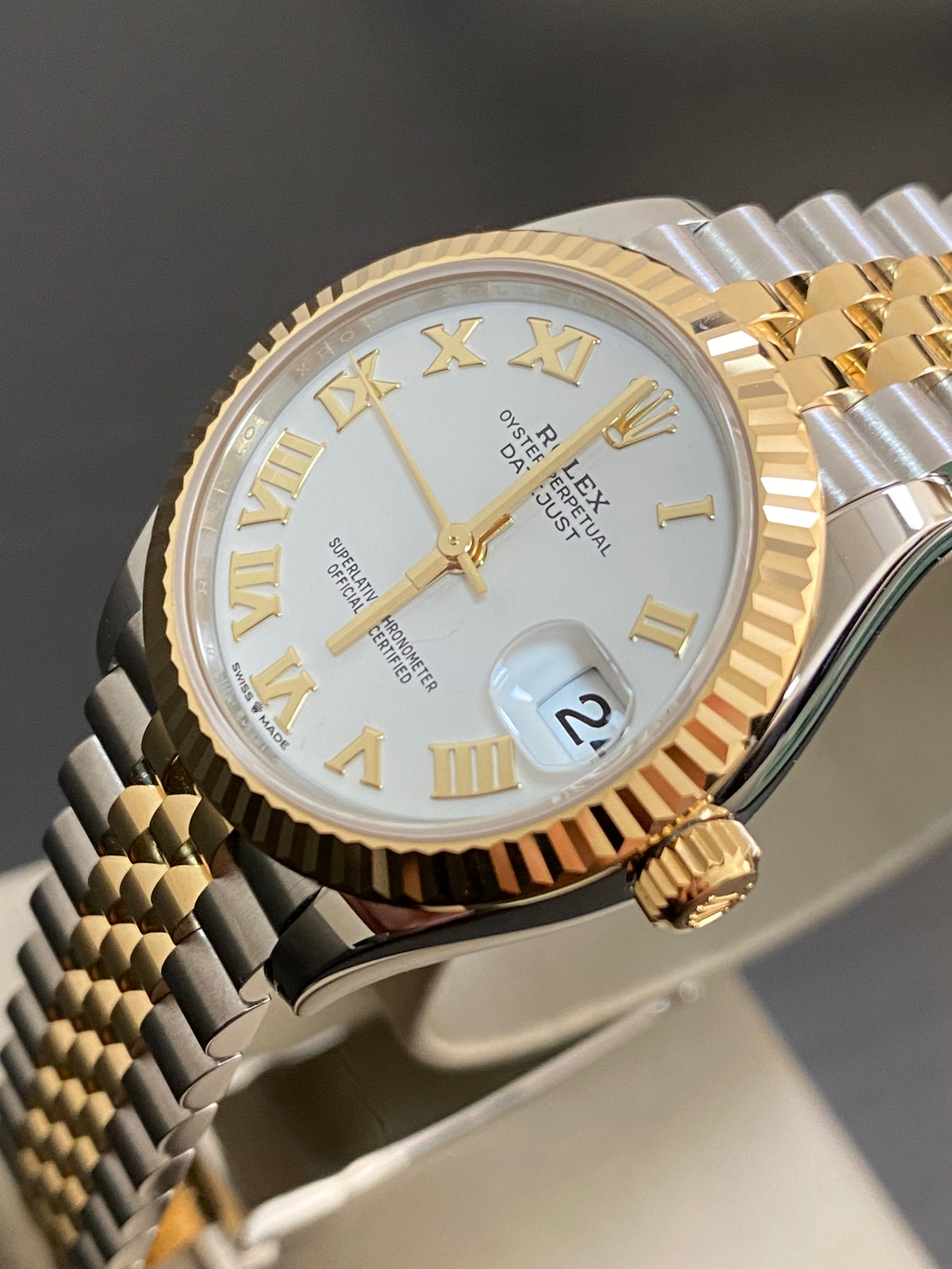 Rolex Steel and Yellow Gold Datejust 31 - 2024 - Fluted Bezel - White Roman Dial - Jubilee Bracelet - 278273 *FULL SET*