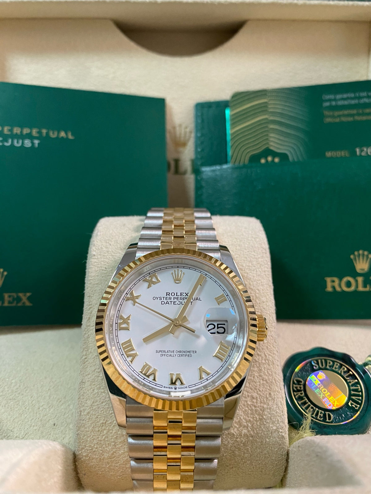 Rolex Yellow Gold Rolesor Datejust 36 - 2021 - White Roman Dial - Jubilee Bracelet - 126233 *FULL SET*