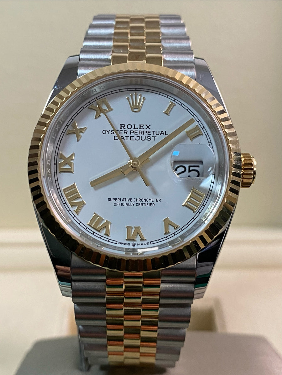 Rolex Yellow Gold Rolesor Datejust 36 - 2021 - White Roman Dial - Jubilee Bracelet - 126233 *FULL SET*