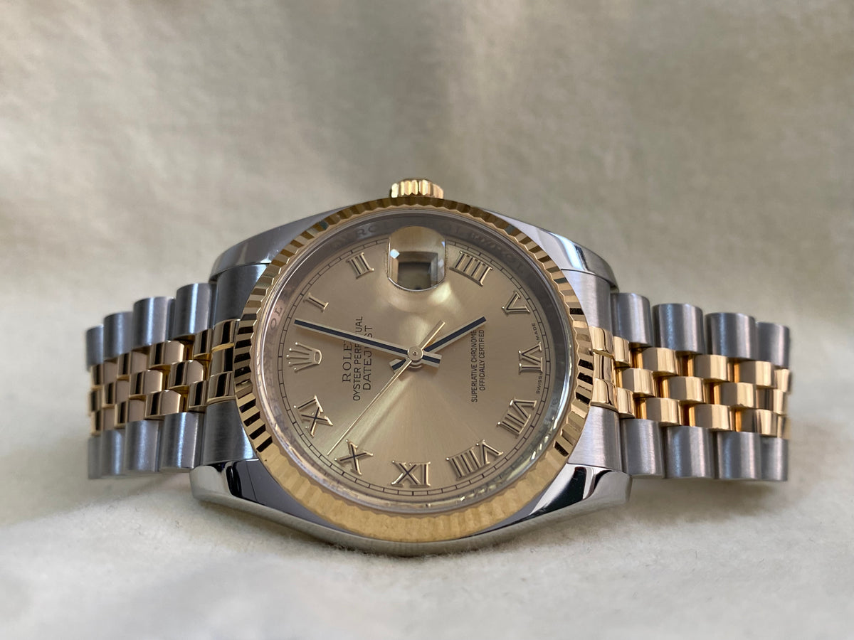 Rolex Steel and Yellow Gold Datejust 36 - G serial - Fluted Bezel - Champagne Roman Dial - Jubilee Bracelet - 116233 *OPEN CARD*