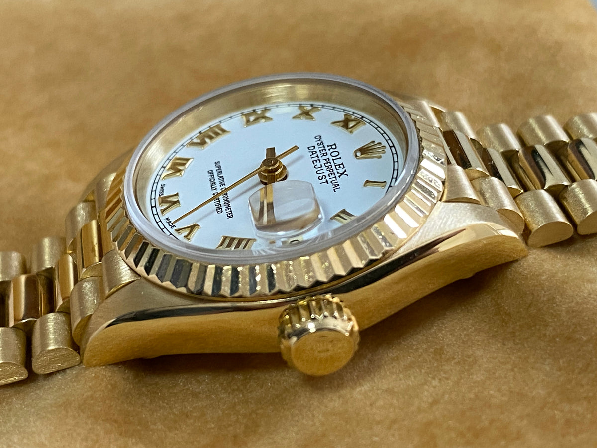 Rolex Yellow Gold Lady-Datejust - N serial - Fluted Bezel - White Roman Dial - President Bracelet - 69178