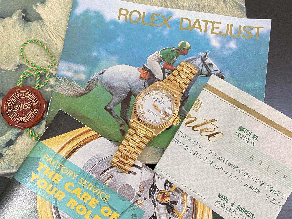 Rolex Yellow Gold Lady-Datejust - N serial - Fluted Bezel - White Roman Dial - President Bracelet - 69178