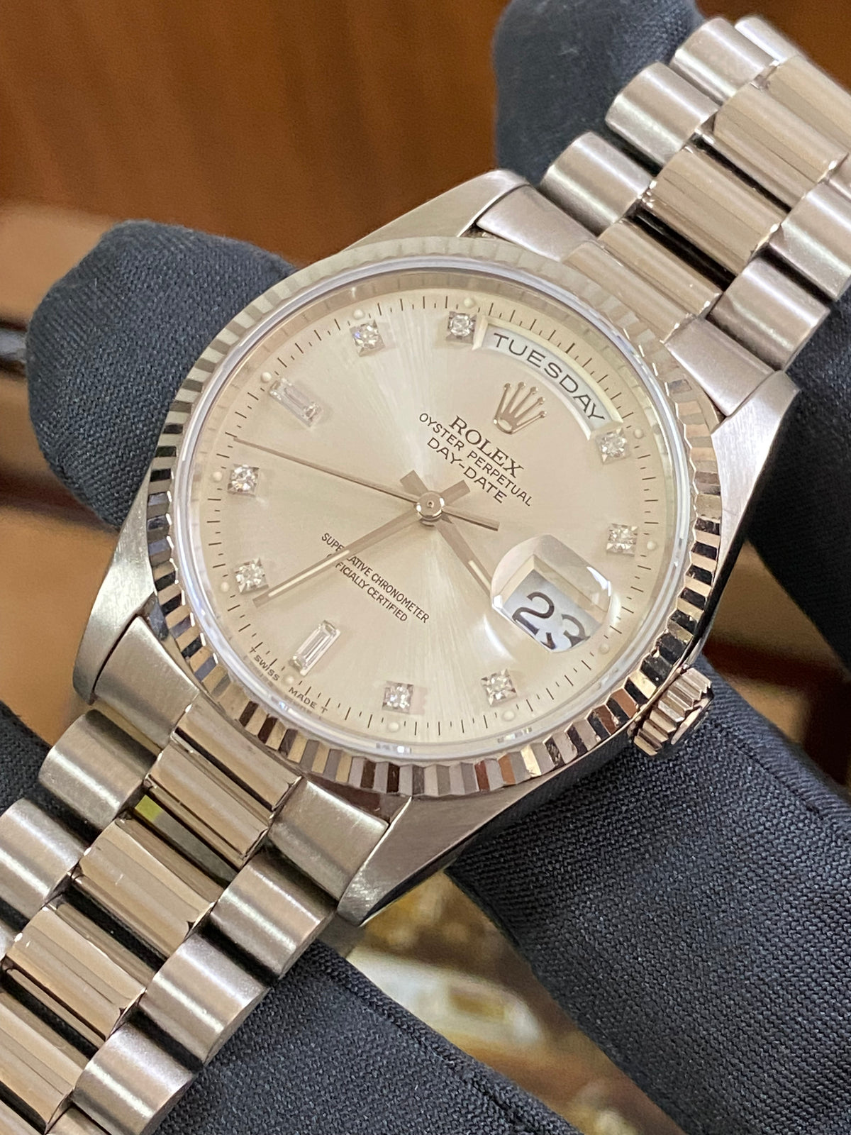 Rolex White Gold Day-Date 36 - E serial - Fluted Bezel - Factory Diamond Dial - President Bracelet - 18239