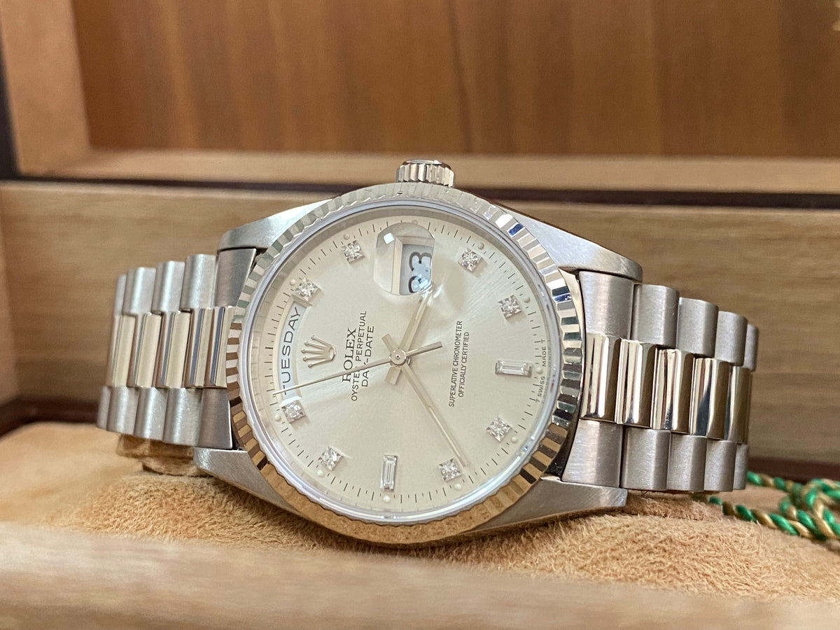 Rolex White Gold Day-Date 36 - E serial - Fluted Bezel - Factory Diamond Dial - President Bracelet - 18239