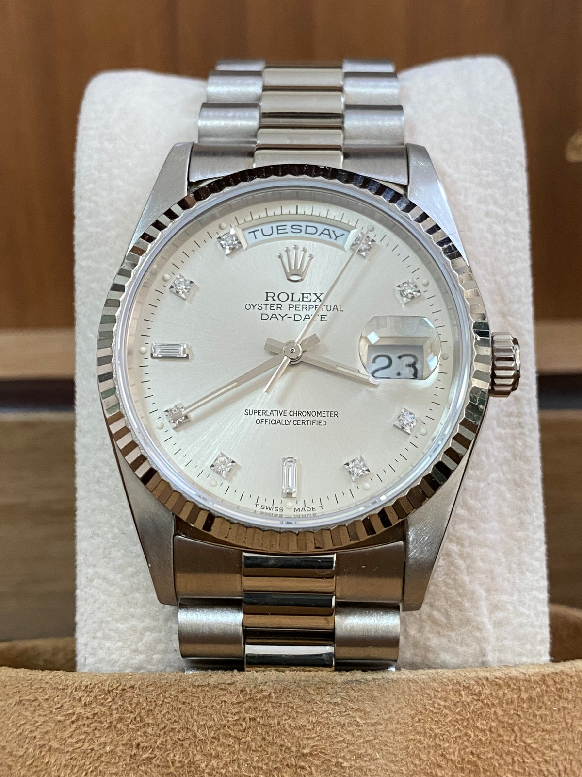 Rolex White Gold Day-Date 36 - E serial - Fluted Bezel - Factory Diamond Dial - President Bracelet - 18239