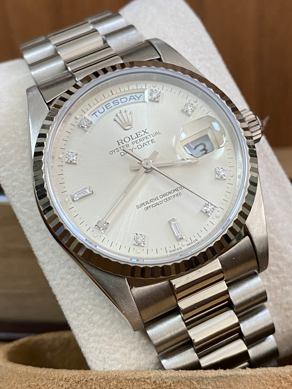 Rolex White Gold Day-Date 36 - E serial - Fluted Bezel - Factory Diamond Dial - President Bracelet - 18239